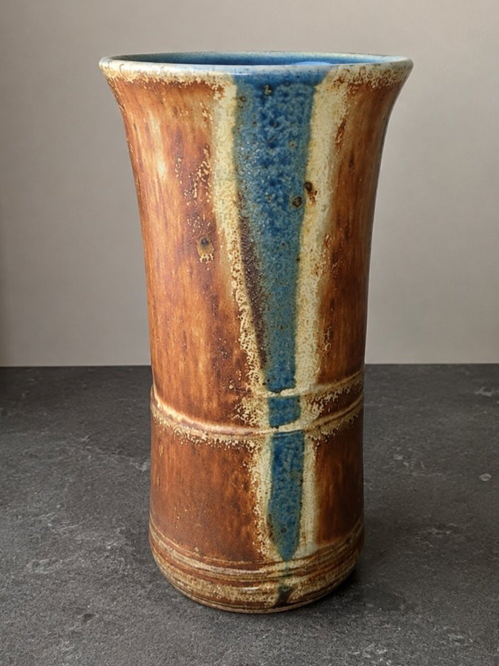 Handmade Vintage Scandinavian Rustic Ceramic Vase Brown Blue Glazed Pottery 7"